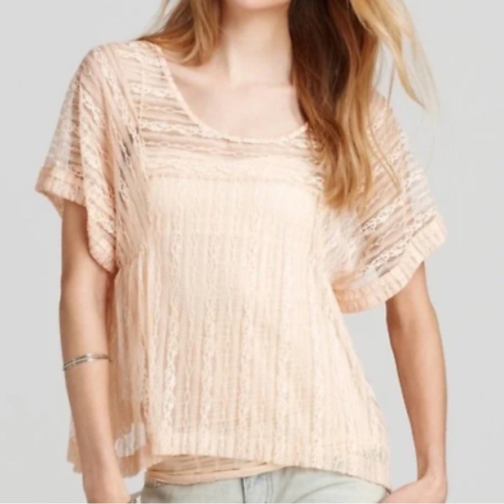 Free People Sheer Lace Boho Blouse Peach Boxy Top Large Romantic Festival - Picture 1 of 13